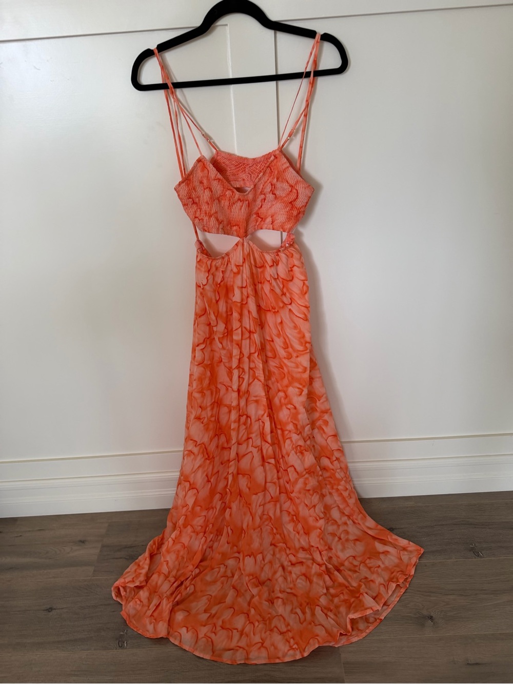 Indah Innocence Orange Cutout Maxi Dress with Tie-Dye Motif